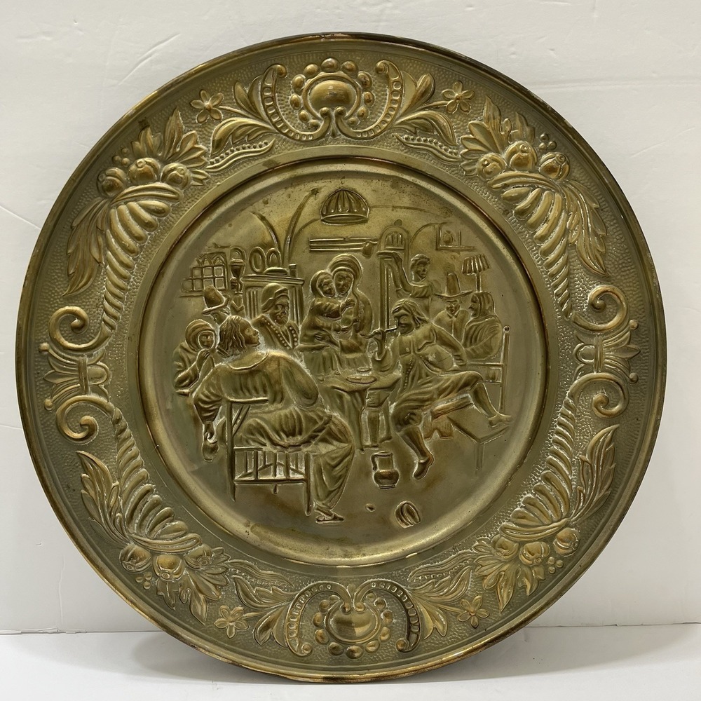 Vintage Embossed Solid Brass Wall Hanging Plate 17" Traditional 3D Tavern Scene